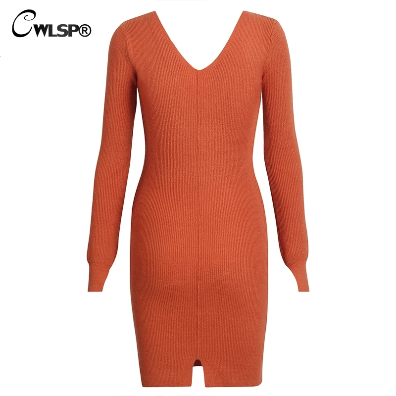 

CWLSP Autumn Knit Sweater Mini Dress Double V-neck Ribbed Long Sleeve Dress Elasticity Slim Empire Short Dress QL4261