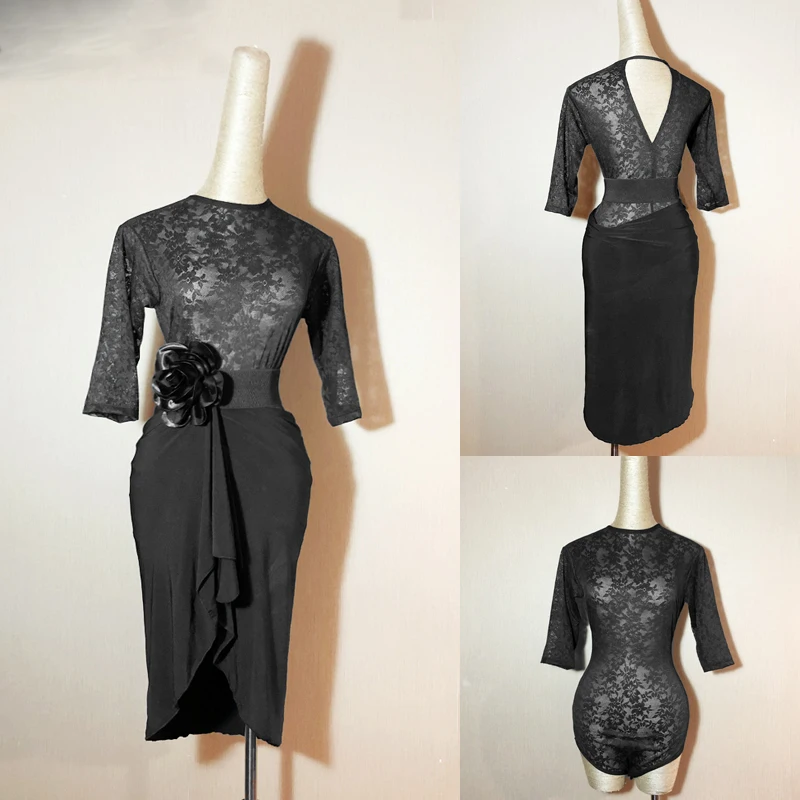 

Latin dance dress perspective sexy lace practice dance dress tops for adult female middle sleeve jumpsuit Y68