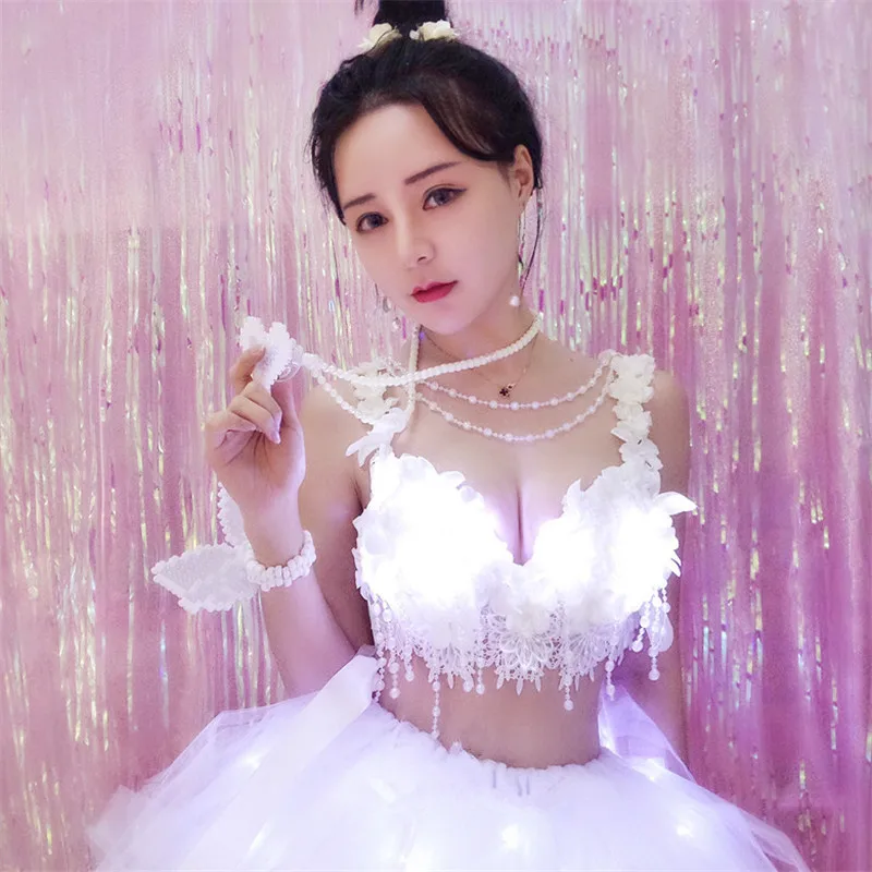 

EC57 Ballroom dance led costumes luminous light glowing women dj tutu dresses party bikini performance show wears clothe bar bra