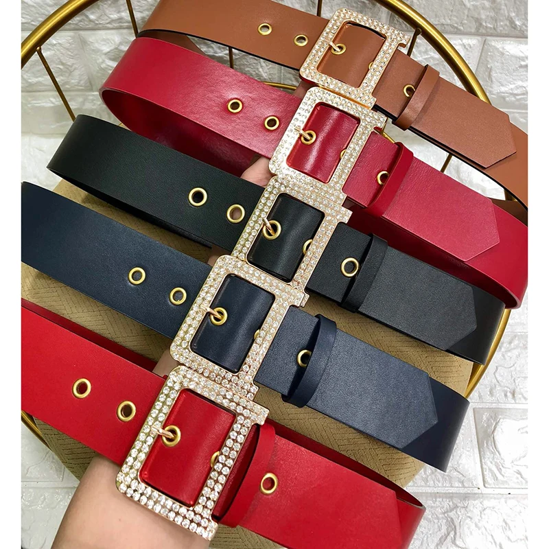 Подлинная коровья кожа кожаный ремень для платья Bling Пряжка с бриллиантами 5,0 см широкий пояс женский модный пояс с буквенным принтом Jc3026