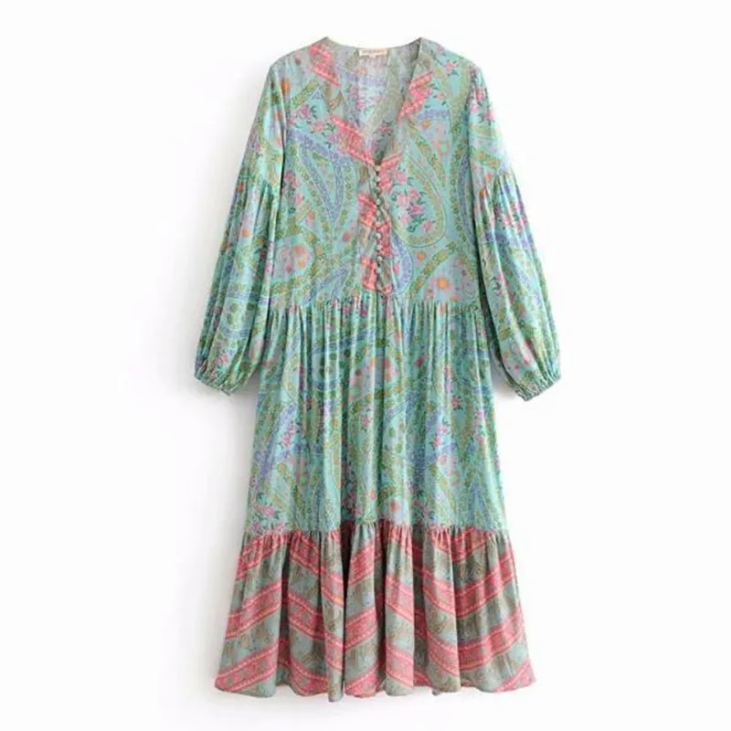 Bohemian Open Buttons Deep V neck Location Floral print Dress Ethnic Woman Long Sleeve Ruffles Maxi Beach Swing Dresses | Женская одежда