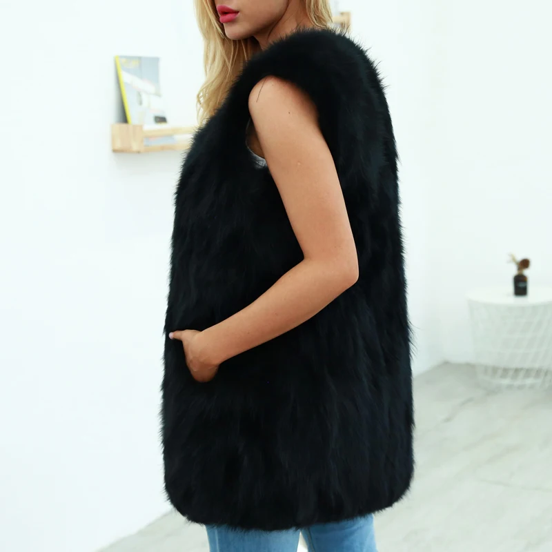 Женский Длинный жилет из искусственного меха черная Повседневная теплая куртка