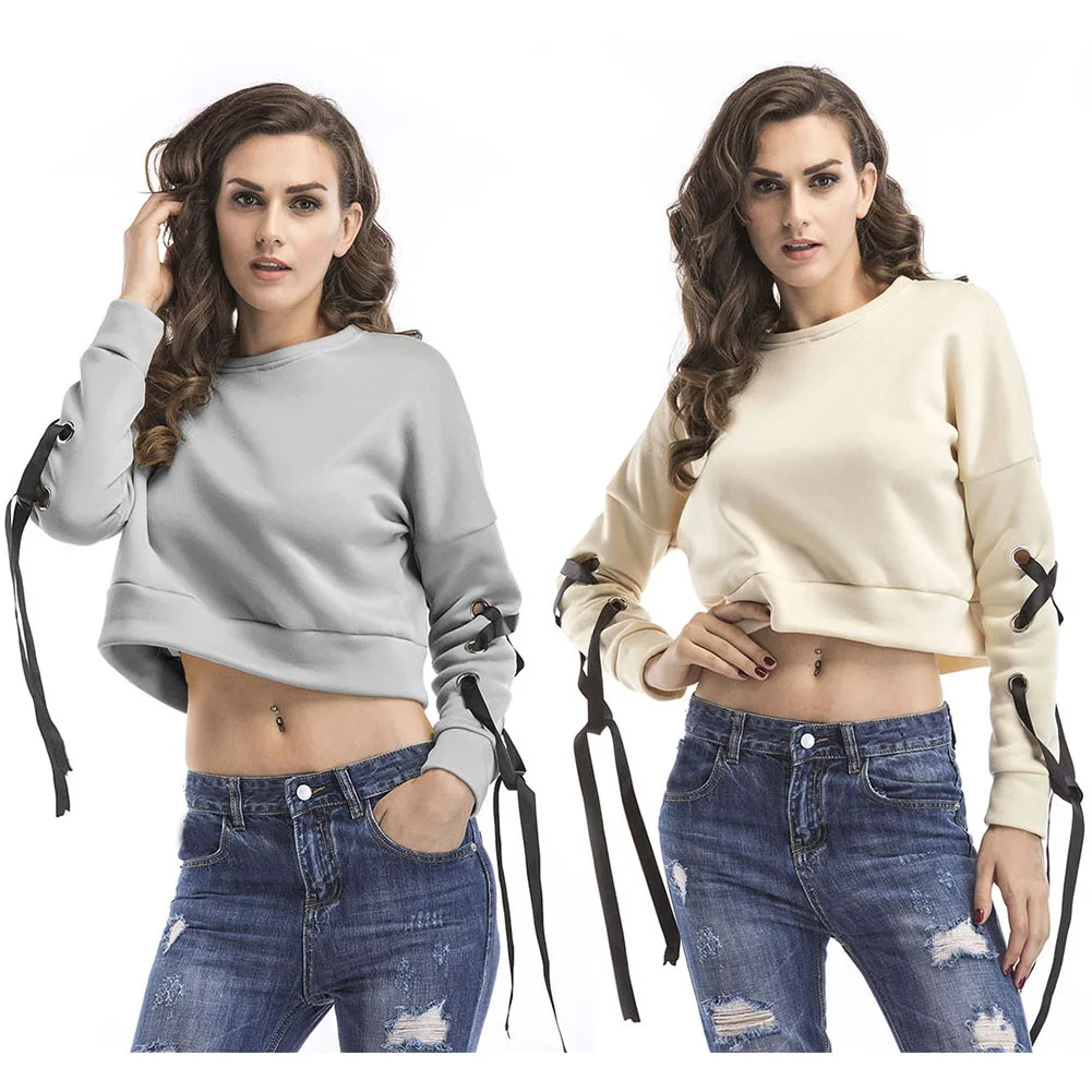 Женские осенние новые свободные топы женские короткие свитшоты на шнуровке с