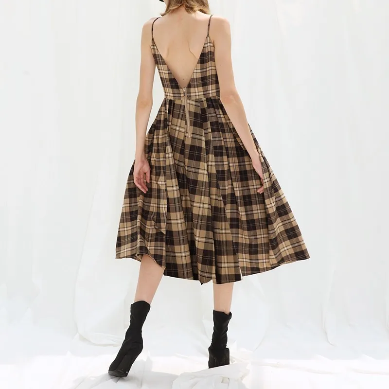 GALCAUR Summer Streetwear Plaid Hit Color Women Dress V Neck Spaghetti Strap High Waist Split Hem Mid Calf A-line Dresses 2019 | Женская