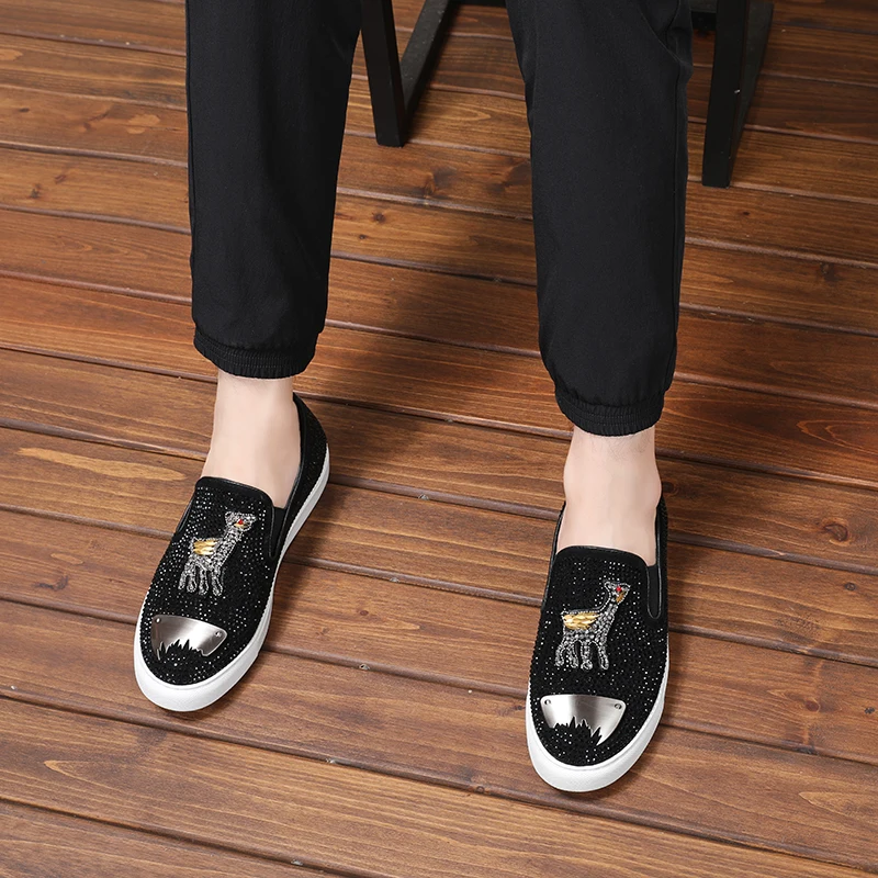Luxury brand Animal Prints designer deer embroidery Rhinestone Men Loafers Fashion Male Nightclub Party shoes zapatos de novio | Обувь