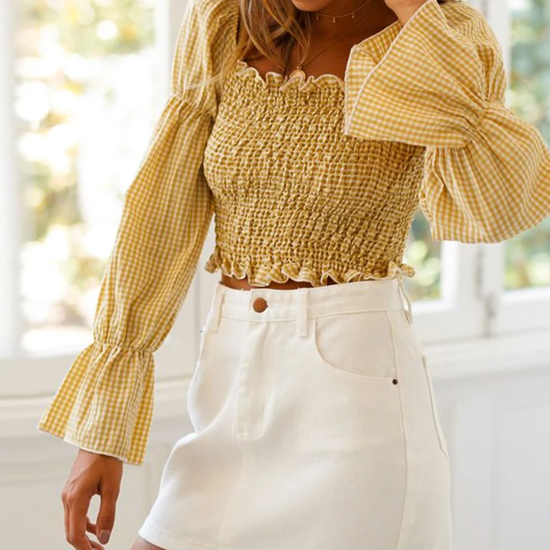 Melegant Yellow Plaid Vintage Blouse Women Ruffle Twist Sexy Feminino Shirts Loose High Fashion Girls Blusa Mujer |