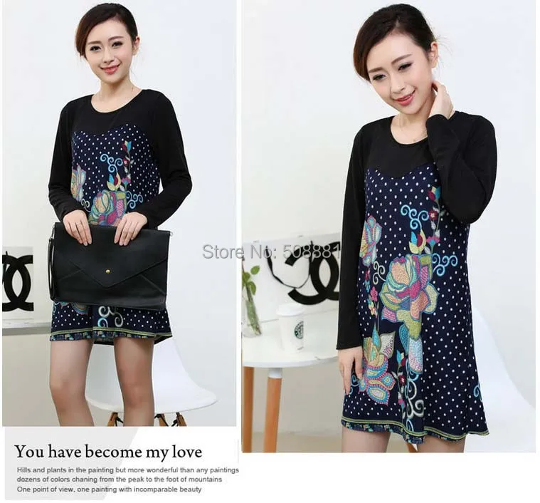 2015 новая зимняя большой Большой размер урожай цветочные печать женщины платье