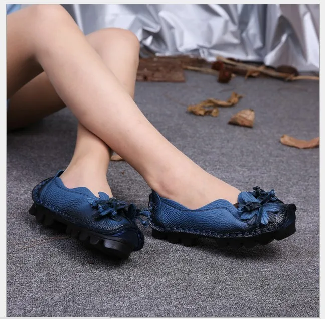 Women Genuine Leather Flat Shoes Woman Loafers 2021 New Fashion Women Casual Handmade Flower Women Flats