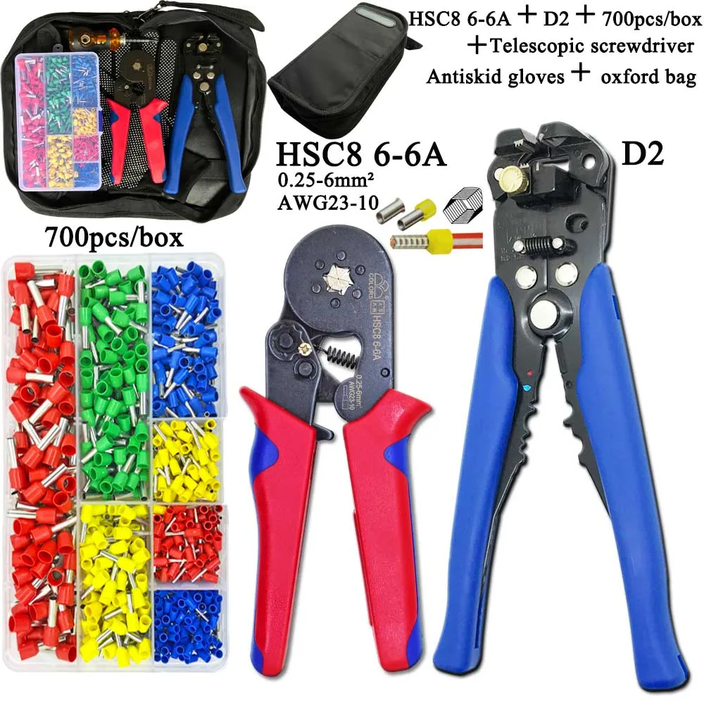 Combination kit 3 HSC8 pliers kit 6-6A 0.25-6mm2 D2 wire cutting pliers tube type terminal box electrical clamp terminal tube tool Red pliers - Цвет: Combination kit 3