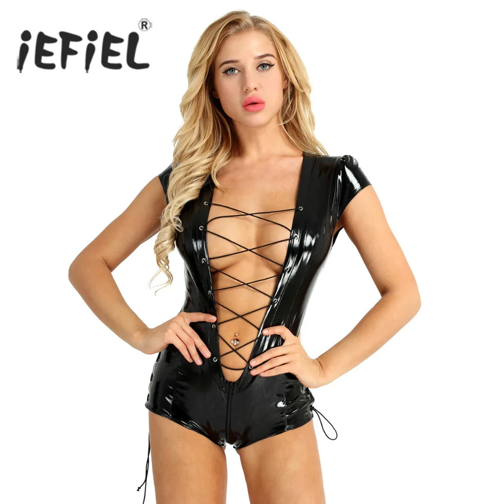 

Womens Wet Look One-piece Evening Party Sexy Bodysuit Cap Sleeve Deep V Plunging Lace-up Zipper Crotch Leotard Jumpsuit Clubwear