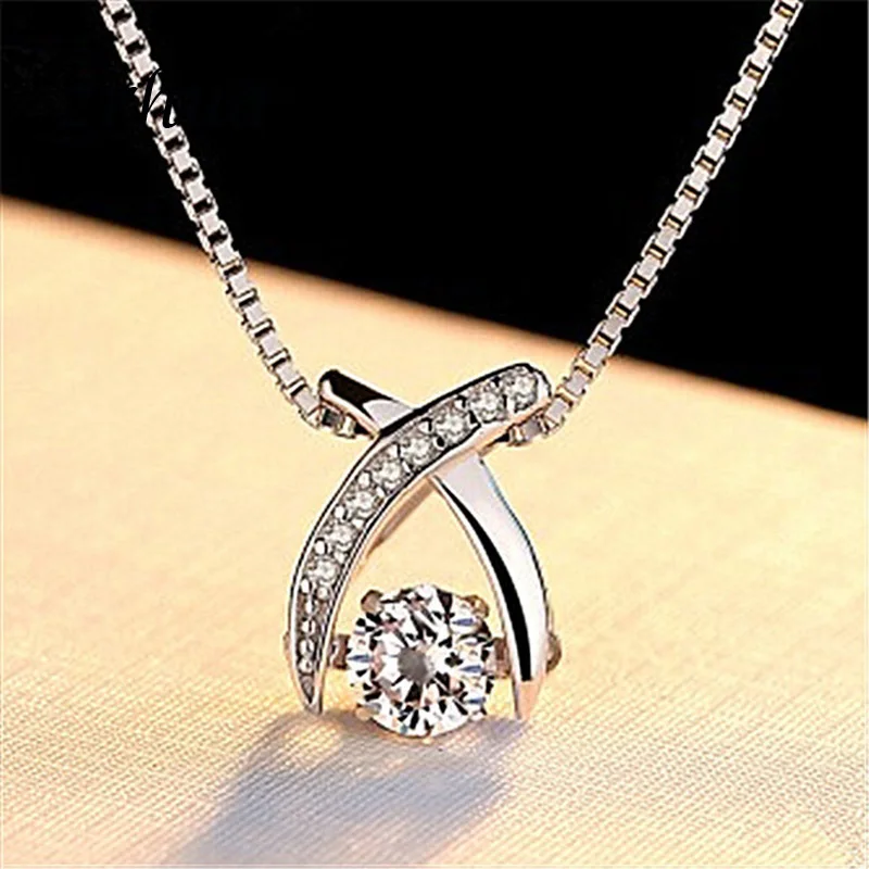 ZRHUA 925 Sterling Silver Necklace Crystal Long Pendant Neckace For Women Gift 45cm Box Chain choker Collares Mujer Female Gifts | Украшения