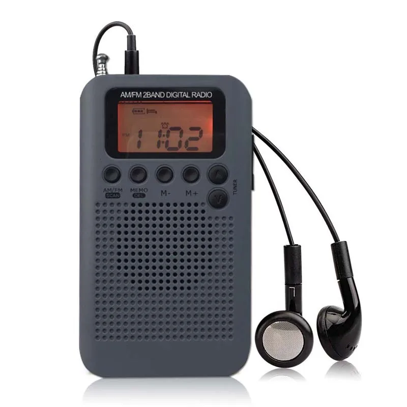 grey JINSERTA мини lcd цифровой FM/AM радио динамик с будильником и функцией отображения времени 3,5 мм разъем для наушников и зарядный кабель - Цвет: grey