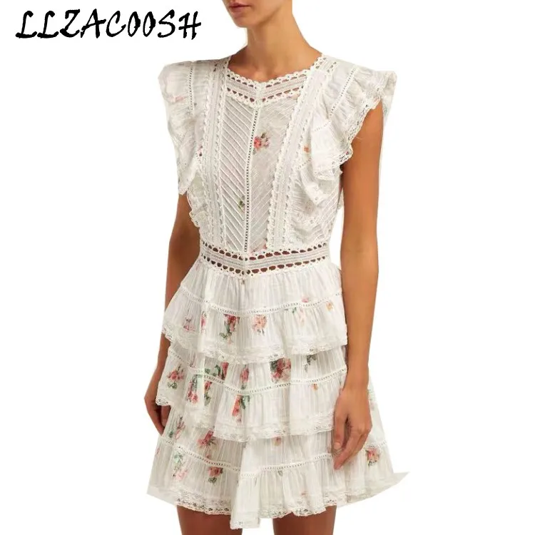 High Quality Runway Summer women Backless bow Mini Cake Dress flowers Print sleeveless Ruffles party Dress vestidos