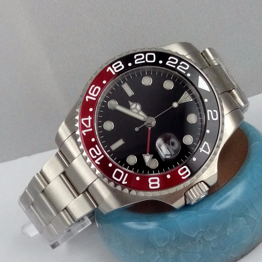 43mm bliger black dial GMT Red & black bezel sapphire crystal automatic mens watch P7