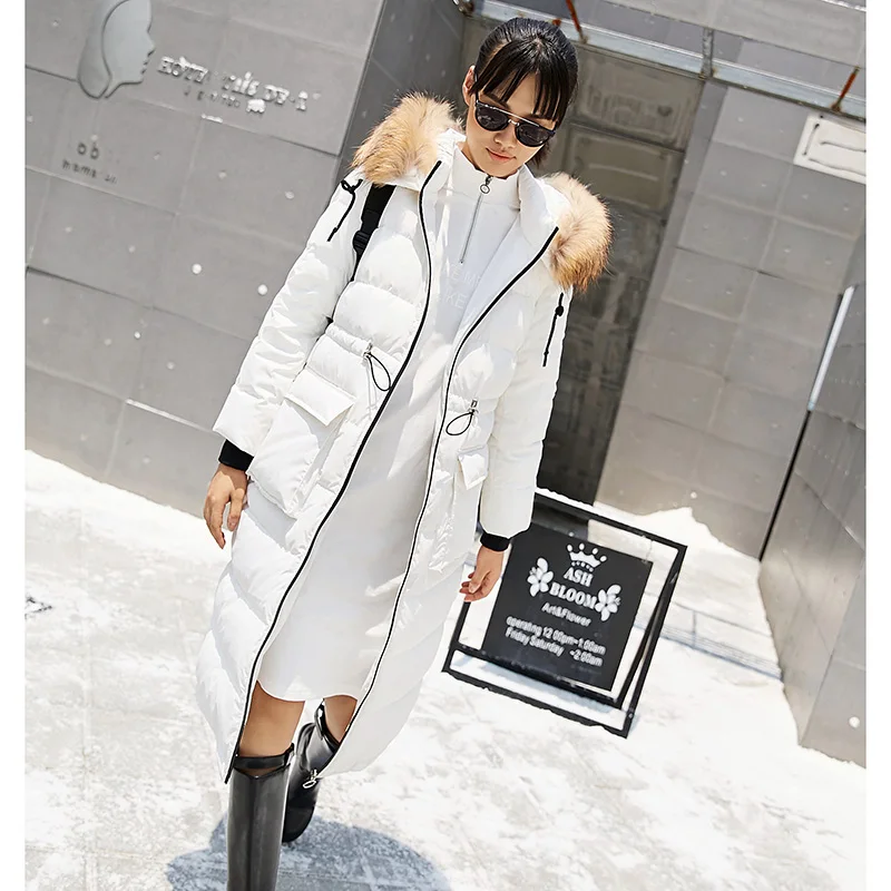white down coat Amii 90% белый утиный пух пальто для женщин зима Повседневный натуральный мех воротник толстый Водонепроницаемый размера плюс с капюшоном Длинные пуховики - Цвет: white down coat