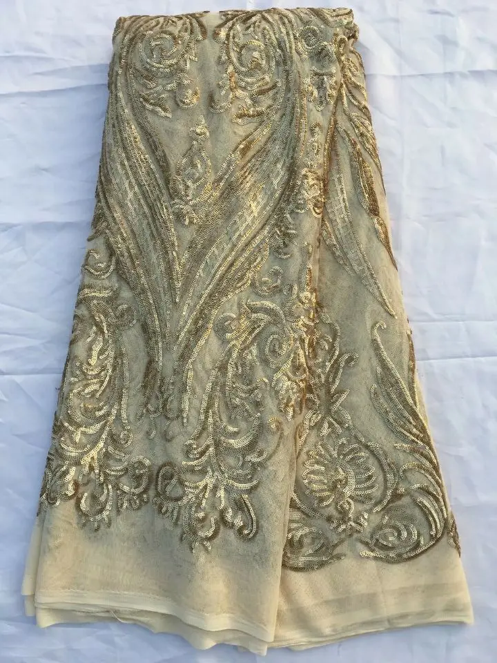 

5 Yards/pc Hot sale kahki french net lace fabric with gold sequins design african mesh lace for dress QN57-1