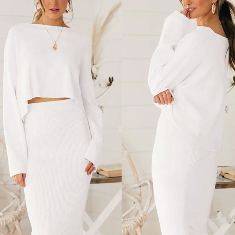 Круглый воротник с длинным рукавом Женский комплект 2 шт. однотонный топ женские