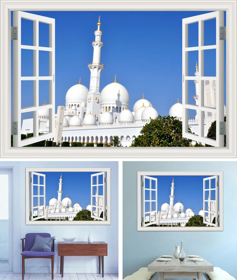 3d обои настенные наклейки с росписью Masjid Ислам Мусульманские настенные наклейки строительство вид окна домашний Декор виниловые наклейки для стен
