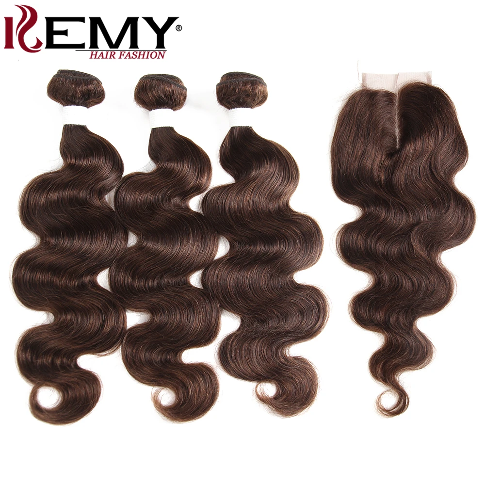 Средний коричневый 4# человеческие волосы пучки с закрытием 4*4 kemy Hair бразильские волнистые человеческие волосы ткет 3 шт не реми волосы