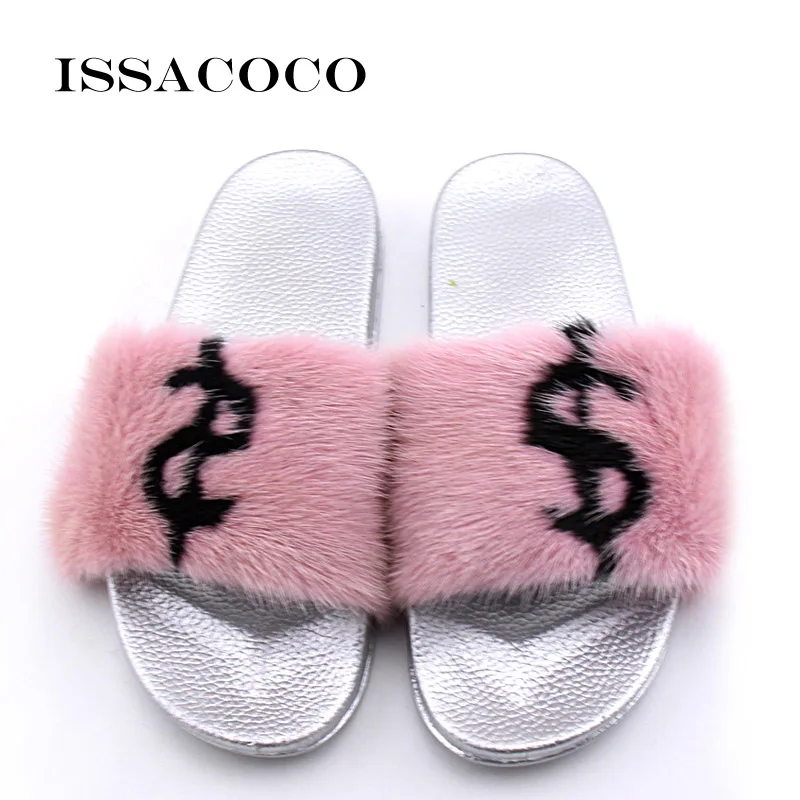 

ISSACOCO Women Flat Real Mink Fur Slippers Women Solid Mink Fur PVC Sole Non-slip Slippers Indoor Slippers Zapatillas Pantufas