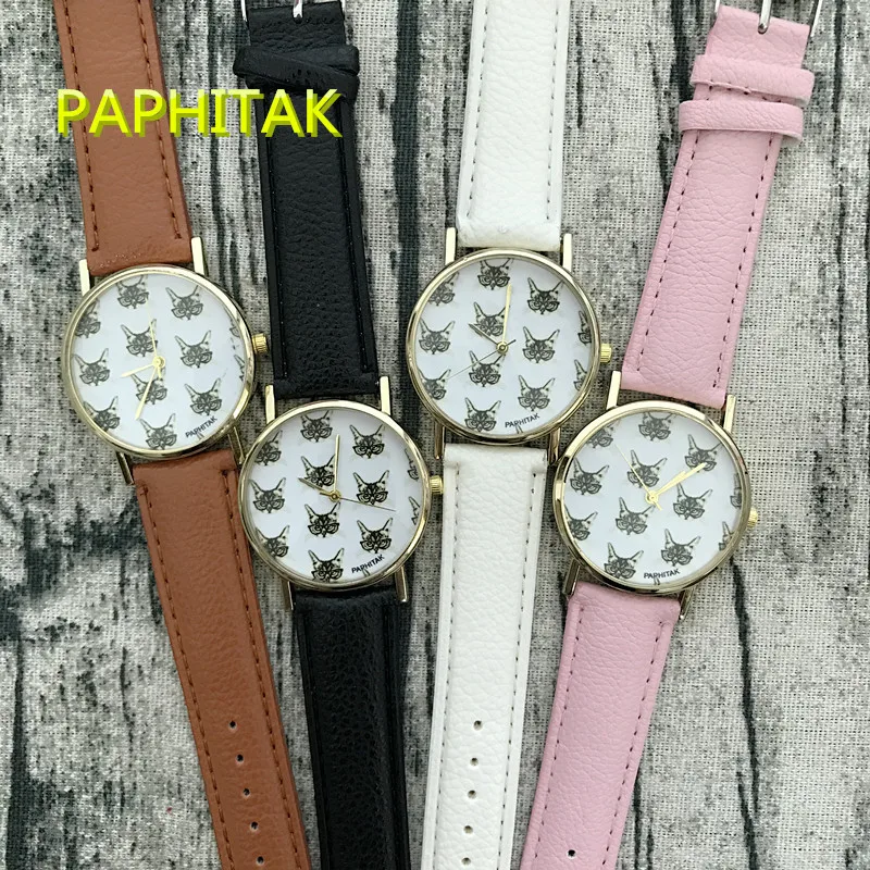 Новые модные женские кварцевые часы с милым котом и кожаным ремешком кошкой