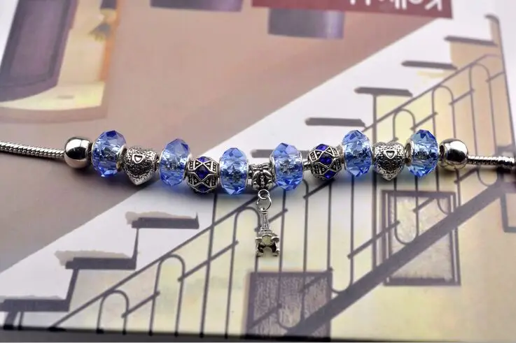 New Eiffel Tower Metal Crystal Beads Charm Bracelet Femme For Women Silver Plated Prata 925 Bracelets &amp Bangles Pulseras Jewelry |