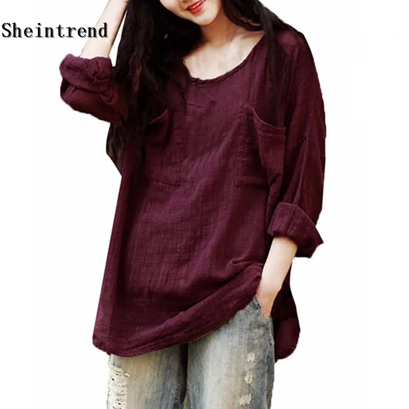 Sheintrend 2018 Vintage Blusas Autumn Women Blouse Casual Loose Shirt O Neck Long Sleeve Pockets Solid Top Plus Size 3XL 4XL 5xl |