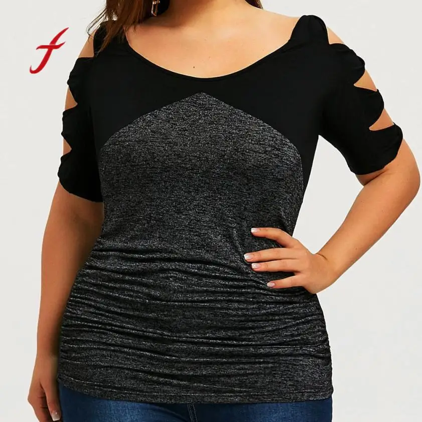 Women Plus Size Hollow Out Patchwork Splice Bow Pullover Female Large Short Sleeve Tops Shirt Tee T-Shirt Casual Clothes 2018 | Женская