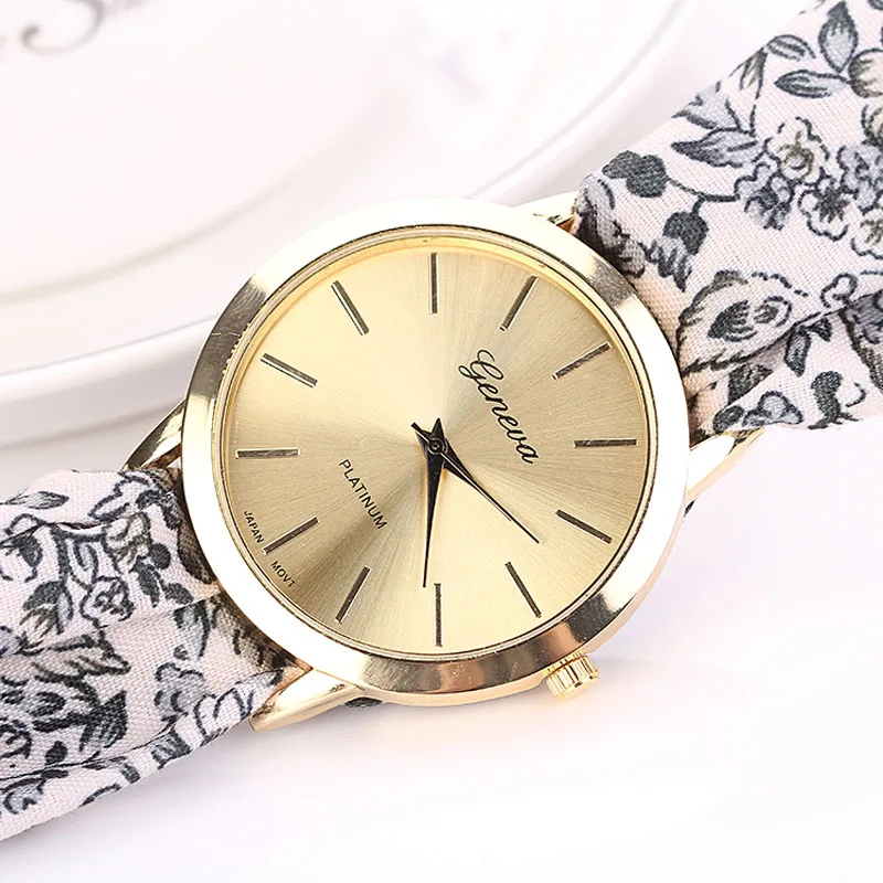 Montre ; изысканная обувь с ремешком, украшенным цветами; наручные Для женщин жаккардовая ткань кварцевые женские часы GENEVA браслет часы Relogio Feminino