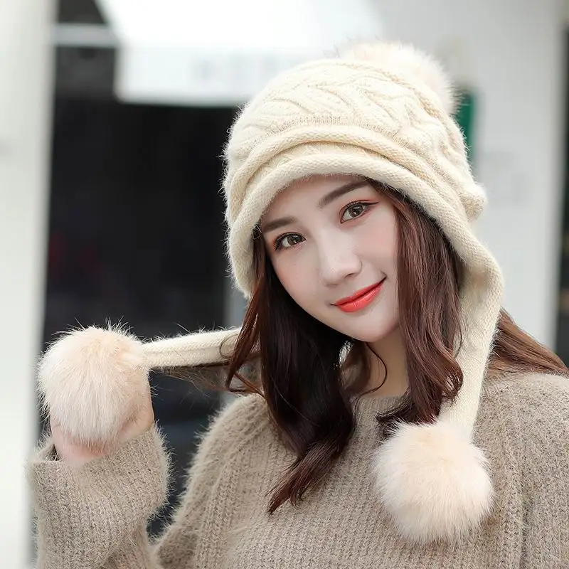 

Kagenmo Autumn And Winter Knit Rabbit Fur Knit Hat Fashion All-Match Women Fur Cap Thick Long Fluff Ball Ear Protection