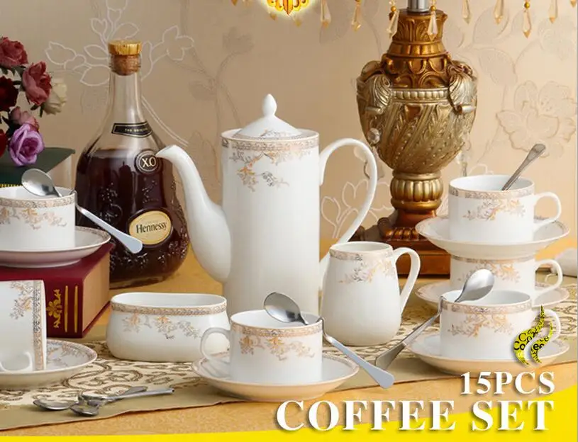 

(15pcs Coffee Set) Bone Porcelain Coffee Mugs Cups Coffee Milk Sugar Pot Set
