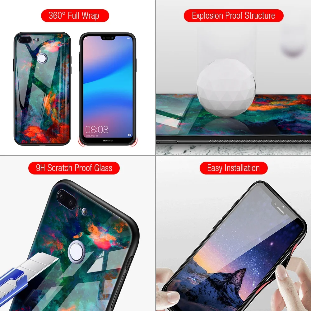 Marble Case For Huawei Honor 9 Lite Tempered Glass Phone P20 Enjoy 7S P Smart Cover |
