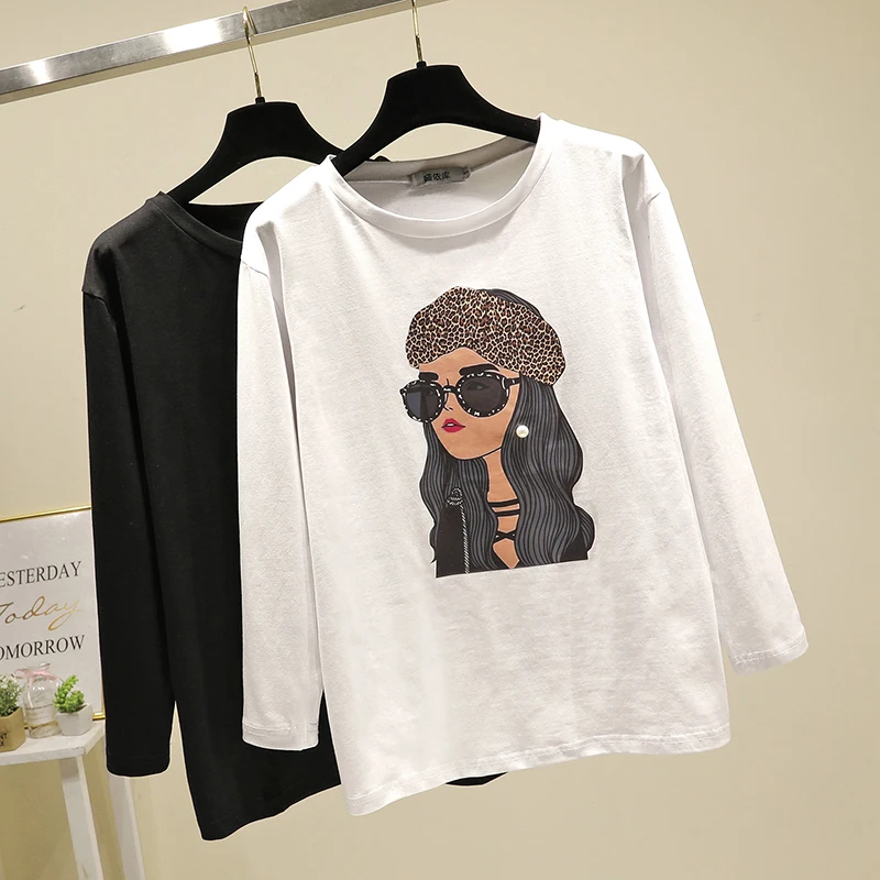 Женская хлопковая футболка с длинным рукавом S ~ 2XL свободный хлопковый топ