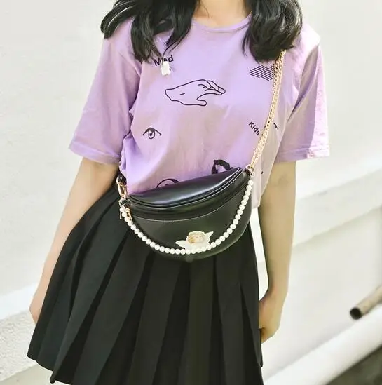 fanny pack Black Angelatracy, Новое поступление, искусственная кожа с жемчугом ангела, розовый, с рисунком, свежий, милый, с ремнем, кошелек, поясная сумка, кошелек - Цвет: fanny pack Black