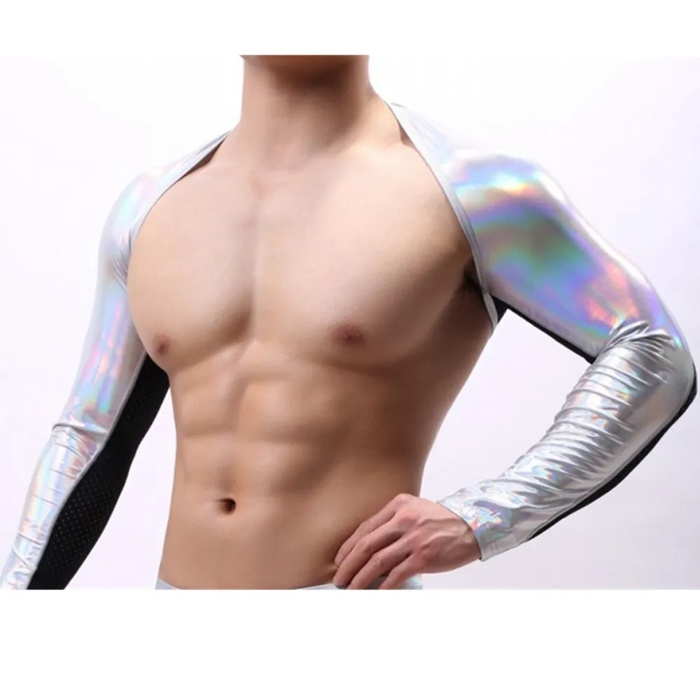 Silver Top Мужской сексуальный PU кожаный костюм корсет тонкий n lift body shaper боди с длинным рукавом плечо кроп Топы Блестящая футболка гей половина Топы - Цвет: Silver Top