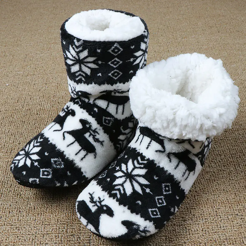 Black Socks Shoes Зимние тапочки; женские домашние тапочки с рождественским оленем; домашние носки; теплые меховые тапочки с плюшевой стелькой; нескользящая подошва - Цвет: Black Socks Shoes