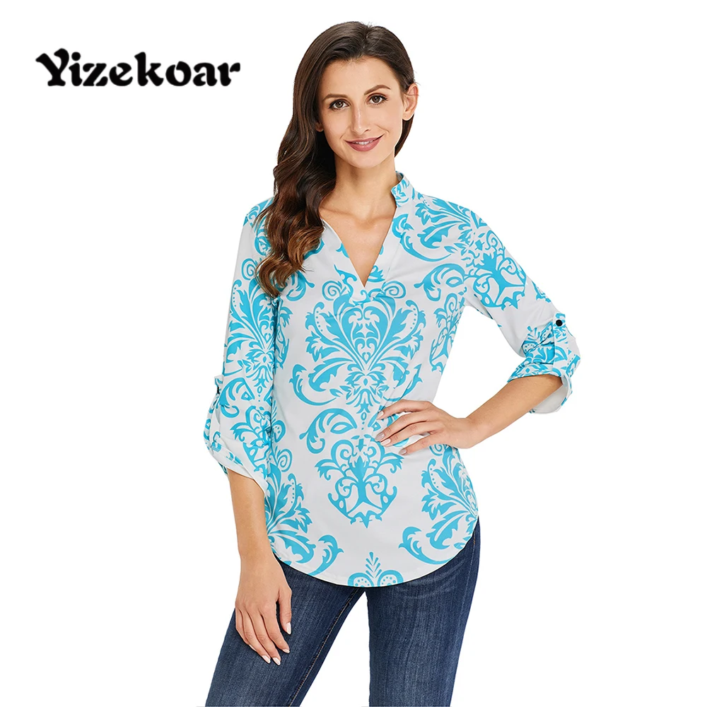 Yizekoar Damask Print Blouse Shirts Women Floral Blusas 2018 Autumn Casual Top Spring Lady Big Size Roll Up 3/4 Sleeve Blouses |