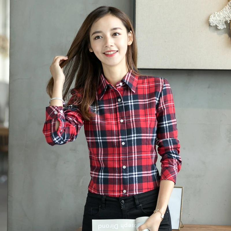 

2021 New Brand Plaid Shirt Female College Style Women's Blouses Long Sleeve Flannel Shirt Plus Size Cotton Blusas Office Tops