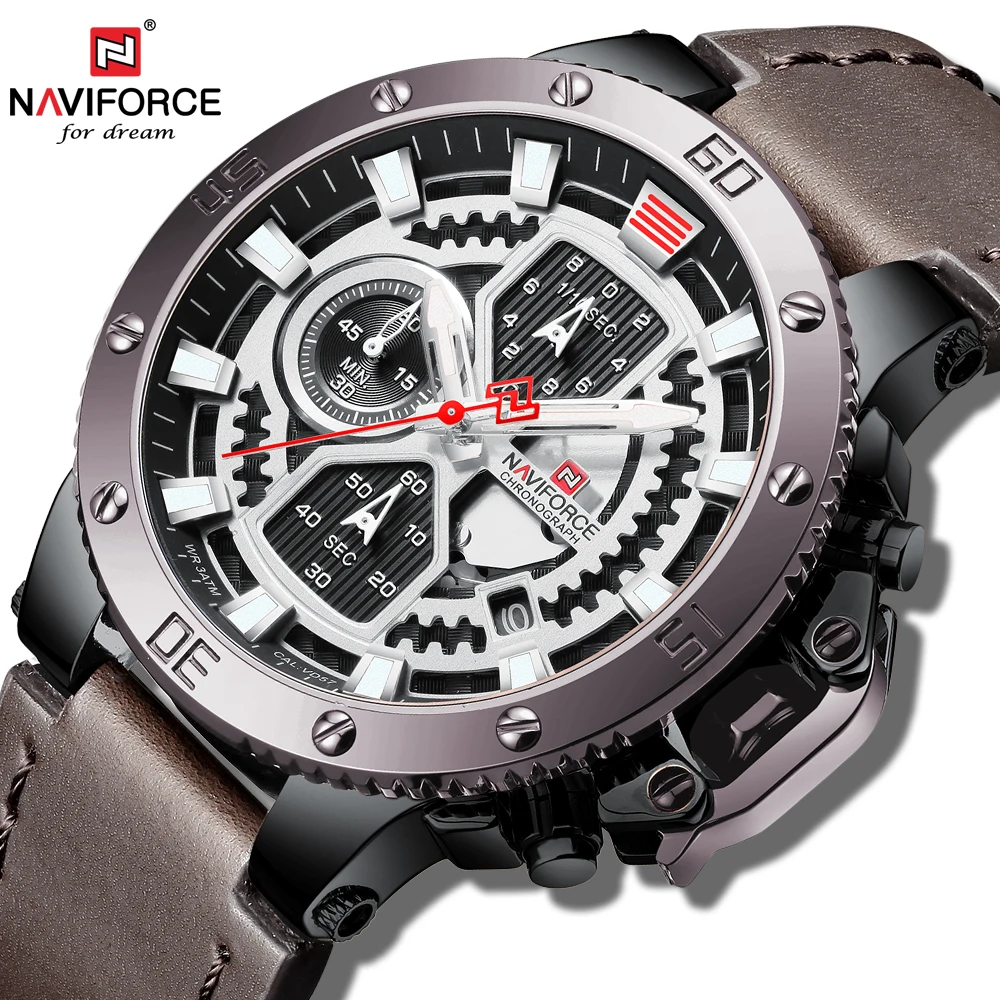 Часы наручные NAVIFORCE Мужские кварцевые с хронографом и кожаным ремешком роскошные