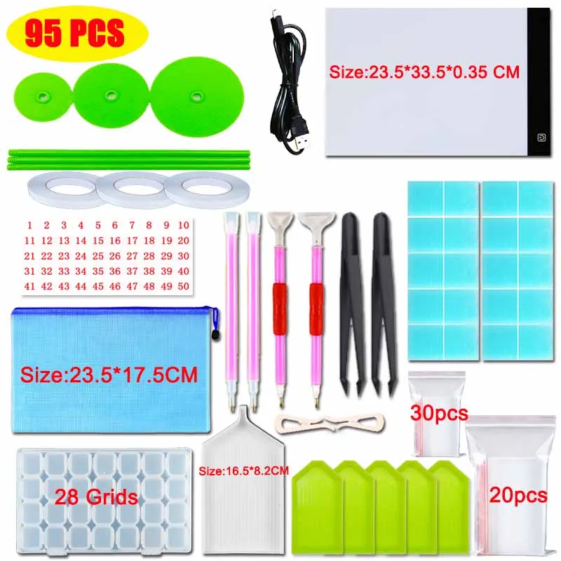 95PCS 3 уровня Диммируемый светодиодный светильник, планшет, инструменты, аксессуары для алмазной живописи защита глаз размер А4 Алмазная вышивка - Цвет: 95PCS