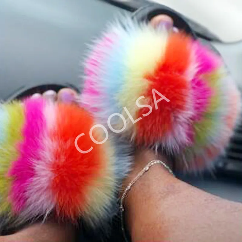 

Women's Summer Fluffy Plush Flip Flops Real Fox Fur Home Slippers Women Fur Slides Ladies Open Toe Furry Sandals House Shoes Hot