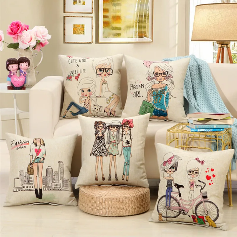 Подушка для домашнего декора с героями мультфильмов девочек красивая льняная