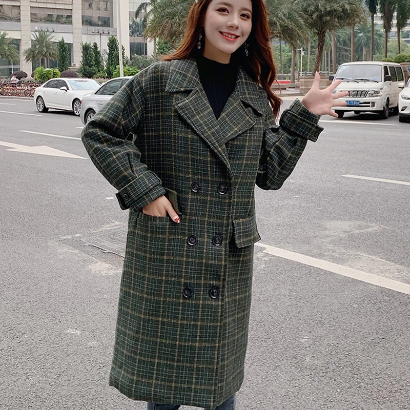 Zoki Loose Plaid Women Long Wool Blend Coat Fashion Winter Warm Jacket Elegant Double Breasted Autumn Fleece Outwear Plus Size