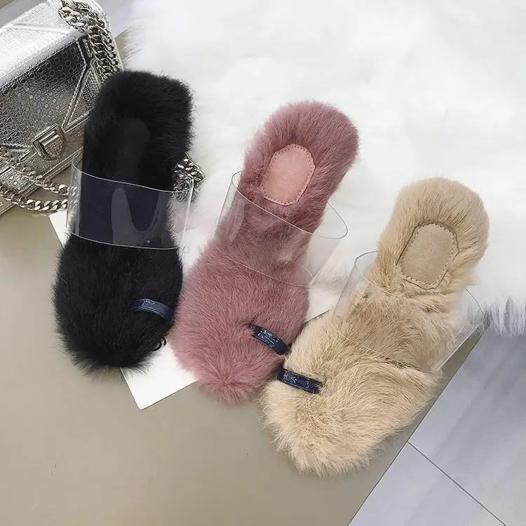 COOLSA/женские зимние прозрачные меховые тапочки из искусственной кожи; Новинка; модные элегантные меховые шлепанцы на каблуке; женские теплые шлепанцы без задника