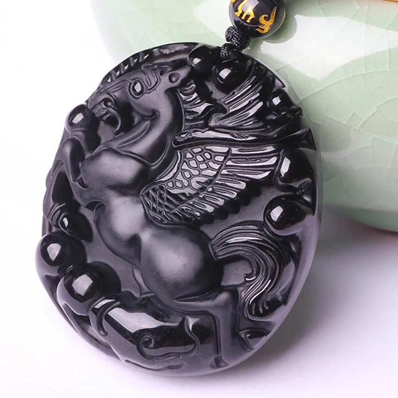 Прямая поставка натуральный черный обсидиановый кулон амулет Пегас лошадь