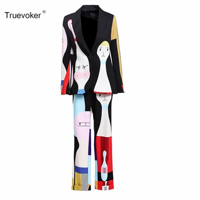 Черный Truevoker, весенний дизайнерский комплект, костюм, женский, высокое качество, длинный рукав, милый, красочный, с рисунком, повседневный блейзер+ штаны, костюм - Цвет: Черный