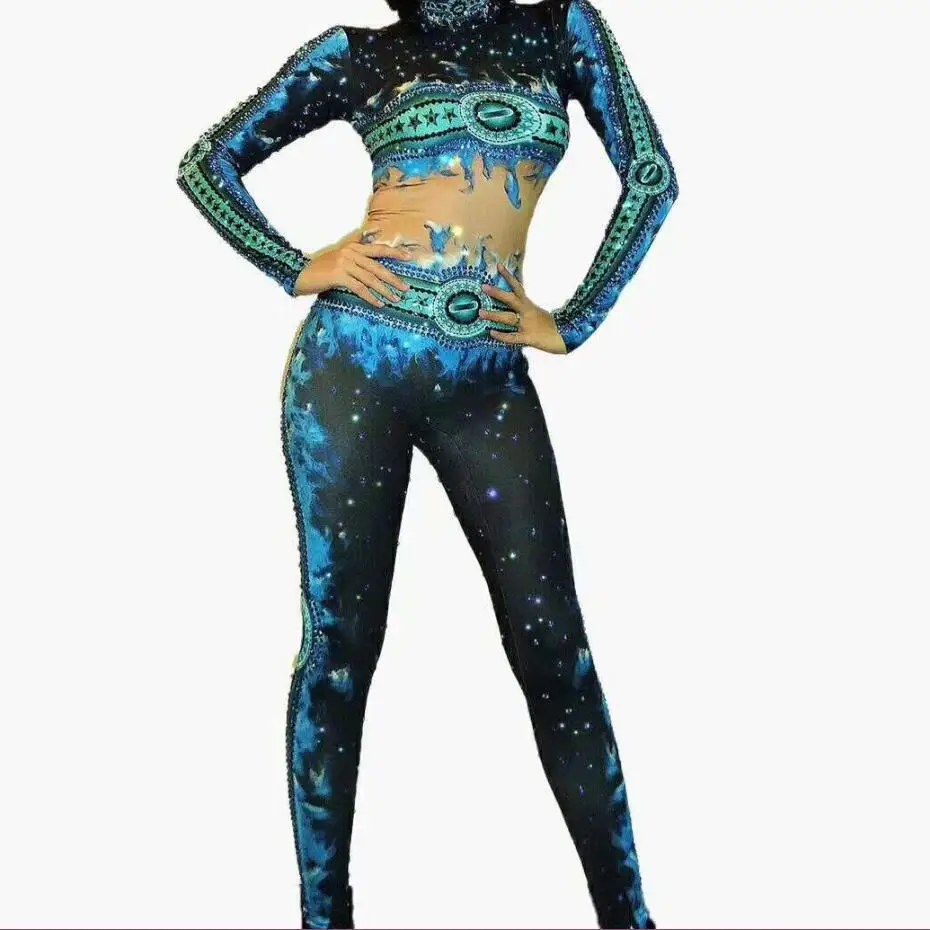 Printed Big Stretch Jumpsuit Sparkly Rhinestones Bodysuit Stage Wear Women's Celebrate Jazz Dance Costume Outfit DJ259 | Тематическая