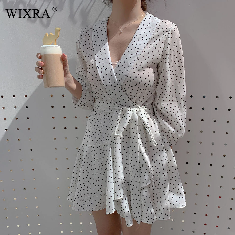 Женское мини-платье Wixra кружевное платье в горошек с длинным рукавом и оборками