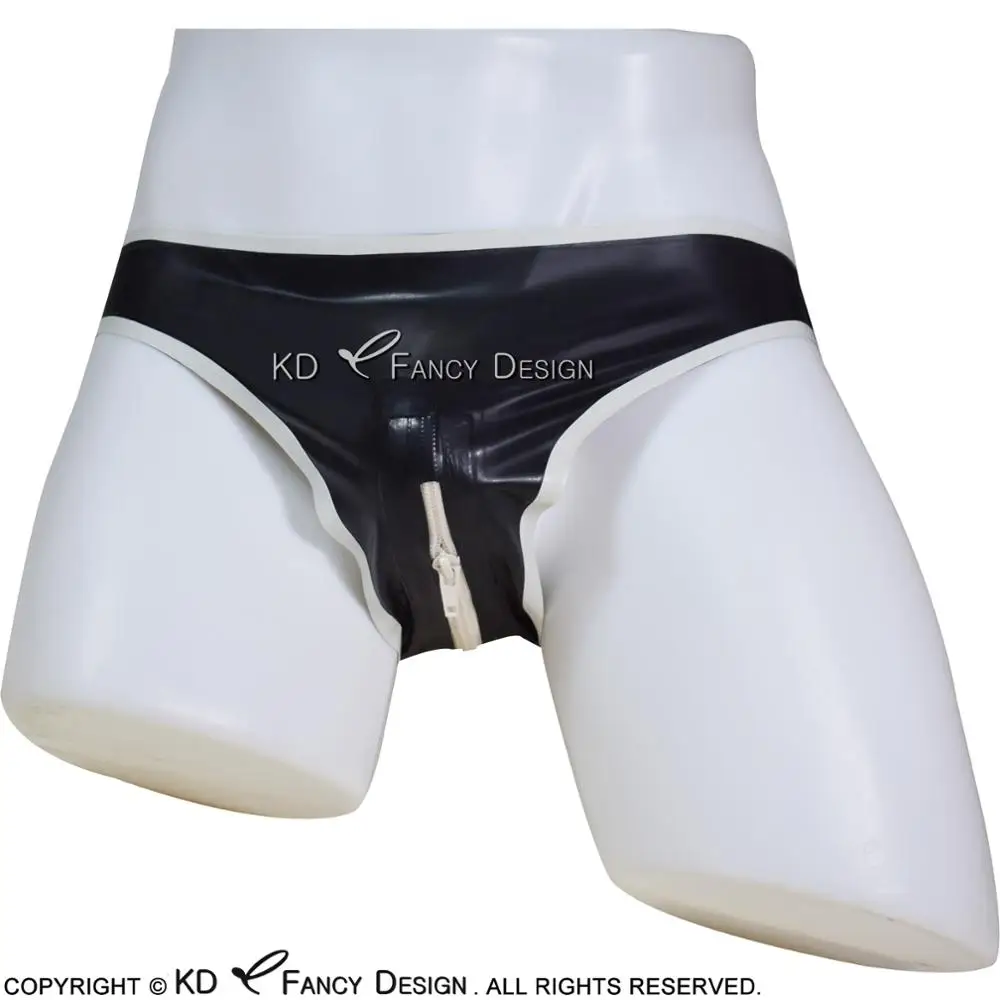 

Black And White Trims Sexy Latex Briefs With Crotch Zipper Rubber Panties Shorts Underpants Underwear Pants DK-0089