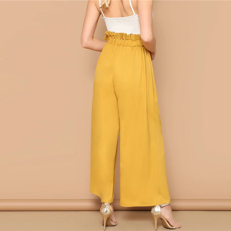 SHEIN/широкие брюки с бантиком и складкой на талии; элегантные свободные брюки с эластичной резинкой на талии; желтые брюки с высокой талией